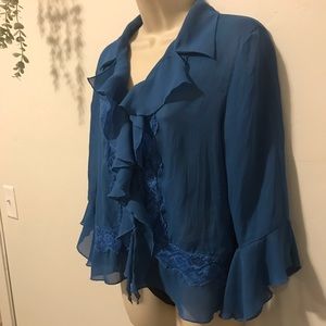 Vintage blue 3/4 sleeve button up blouse with ruffles